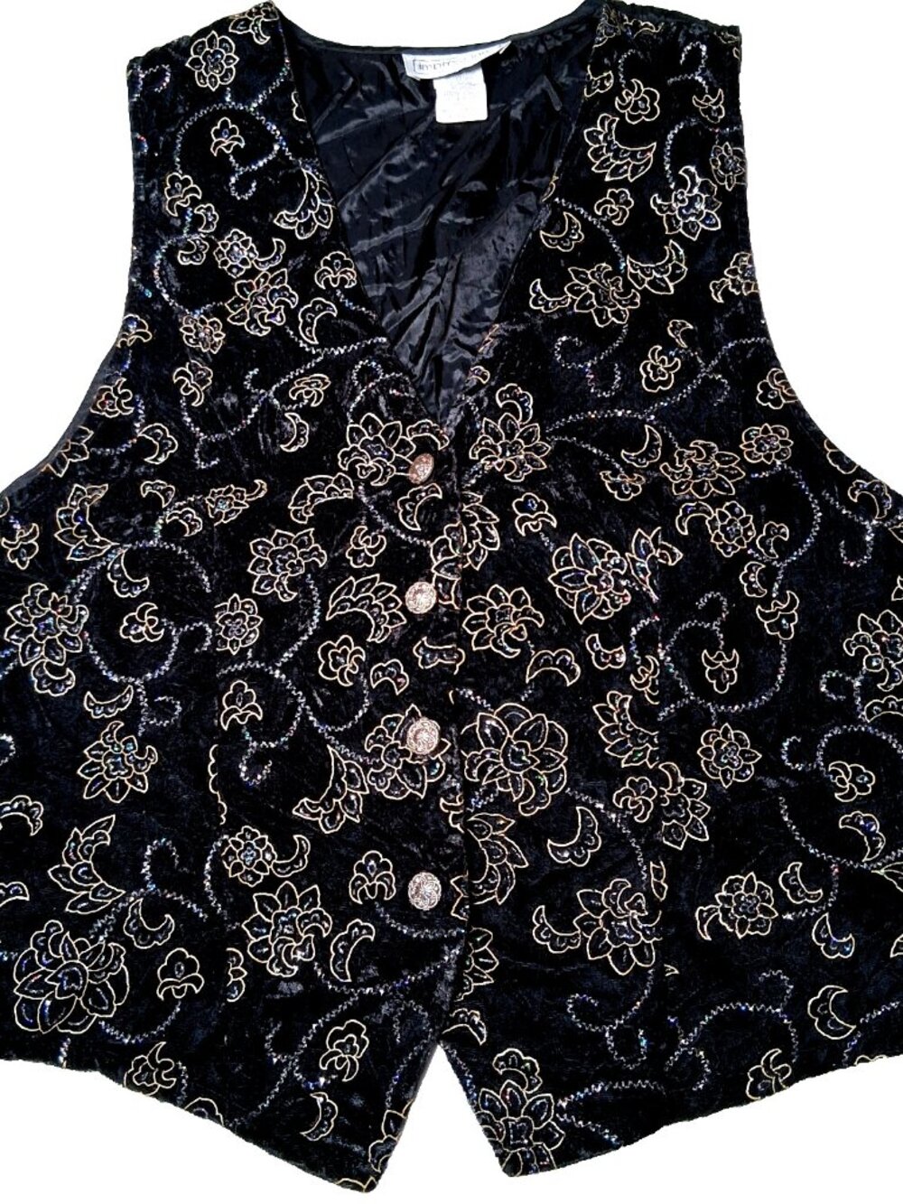 Vintage 1990s Impressions Of California Vest S Black Velvet Glitter Flowers Boho